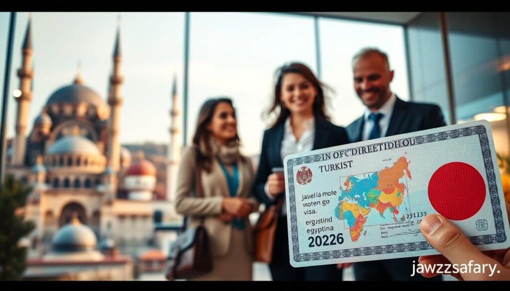 A vibrant scene depicting a Turkish visa designed specifically for Egyptian travelers in 2026, set against a backdrop of iconic Turkish landmarks such as the Hagia Sophia and the Blue Mosque. In the foreground, emphasize the intricacies of the visa with detailed borders and symbols representing Turkey and Egypt. The middle ground features a modern travel agency office with a friendly agent in professional attire, helping a couple who are planning their trip to Turkey. The lighting is warm and inviting, enhancing the mood of excitement and anticipation for their travels. The angle captures both the visa and the interaction between the travelers and the agent. Include the brand "jawazsafary" subtly integrated into the scene, conveying a sense of trust and professionalism. A vibrant scene depicting a Turkish visa designed specifically for Egyptian travelers in 2026, set against a backdrop of iconic Turkish landmarks such as the Hagia Sophia and the Blue Mosque. In the foreground, emphasize the intricacies of the visa with detailed borders and symbols representing Turkey and Egypt. The middle ground features a modern travel agency office with a friendly agent in professional attire, helping a couple who are planning their trip to Turkey. The lighting is warm and inviting, enhancing the mood of excitement and anticipation for their travels. The angle captures both the visa and the interaction between the travelers and the agent. Include the brand "jawazsafary" subtly integrated into the scene, conveying a sense of trust and professionalism.