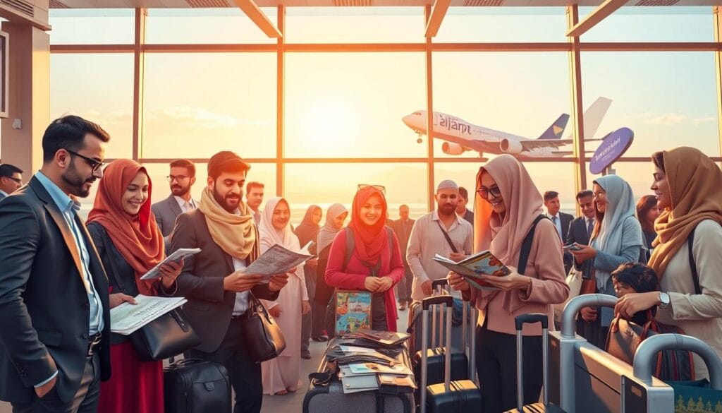 A vibrant scene depicting a diverse group of Egyptian travelers at an airport departure lounge, showcasing excitement for their next adventure. In the foreground, individuals dressed in professional business attire and modest casual clothing look at flight schedules and maps, engaging in discussions about their travel plans. The middle ground features modern check-in counters and a variety of travel-related items, such as luggage and travel guides, including the logo of "jawazsafary" prominently displayed. In the background, large windows reveal a sunny, clear sky with an airplane preparing for takeoff, symbolizing easy travel access. The lighting is warm and inviting, creating a sense of optimism and opportunity, reflecting the trends towards economical travel and visa-free destinations for Egyptians in 2026.