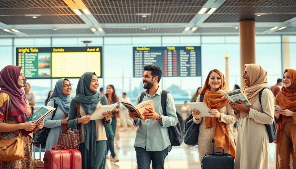 A vibrant scene depicting an affordable travel experience for Egyptians, set in an airport terminal bustling with excitement. In the foreground, a group of culturally diverse travelers of different ages and backgrounds, dressed in modest casual clothing, are exchanging friendly smiles and engaging in animated conversations while holding travel brochures. In the middle ground, visible luggage and travel essentials suggest a journey ready to begin, along with a glowing departure board displaying various international destinations. The background features an open-air vista of iconic landmarks from the five cheapest countries to visit without a visa. Soft, warm lighting creates an inviting atmosphere, while a wide-angle perspective captures the lively ambiance and anticipation of travel. The overall mood is optimistic and inspiring, highlighting the dream of affordable travel for Egyptians in 2026. A vibrant scene depicting an affordable travel experience for Egyptians, set in an airport terminal bustling with excitement. In the foreground, a group of culturally diverse travelers of different ages and backgrounds, dressed in modest casual clothing, are exchanging friendly smiles and engaging in animated conversations while holding travel brochures. In the middle ground, visible luggage and travel essentials suggest a journey ready to begin, along with a glowing departure board displaying various international destinations. The background features an open-air vista of iconic landmarks from the five cheapest countries to visit without a visa. Soft, warm lighting creates an inviting atmosphere, while a wide-angle perspective captures the lively ambiance and anticipation of travel. The overall mood is optimistic and inspiring, highlighting the dream of affordable travel for Egyptians in 2026.