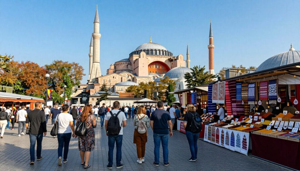 A vibrant street scene at Sultanahmet Square in Istanbul, showcasing historic landmarks like the Blue Mosque and Hagia Sophia. In the foreground, a diverse group of tourists wearing modest casual clothing admire the architecture. The middle ground features bustling market stalls filled with colorful textiles, spices, and traditional Turkish items. In the background, the towering minarets of the Blue Mosque reach towards a bright blue sky, with warm sunlight casting soft shadows. Capture this atmosphere in vivid detail, emphasizing the lively energy of a market day. Use a wide-angle lens to encompass the grandeur of the sites and the vibrancy of the market ambiance. The scene should evoke a sense of exploration and cultural richness. jawazsafary