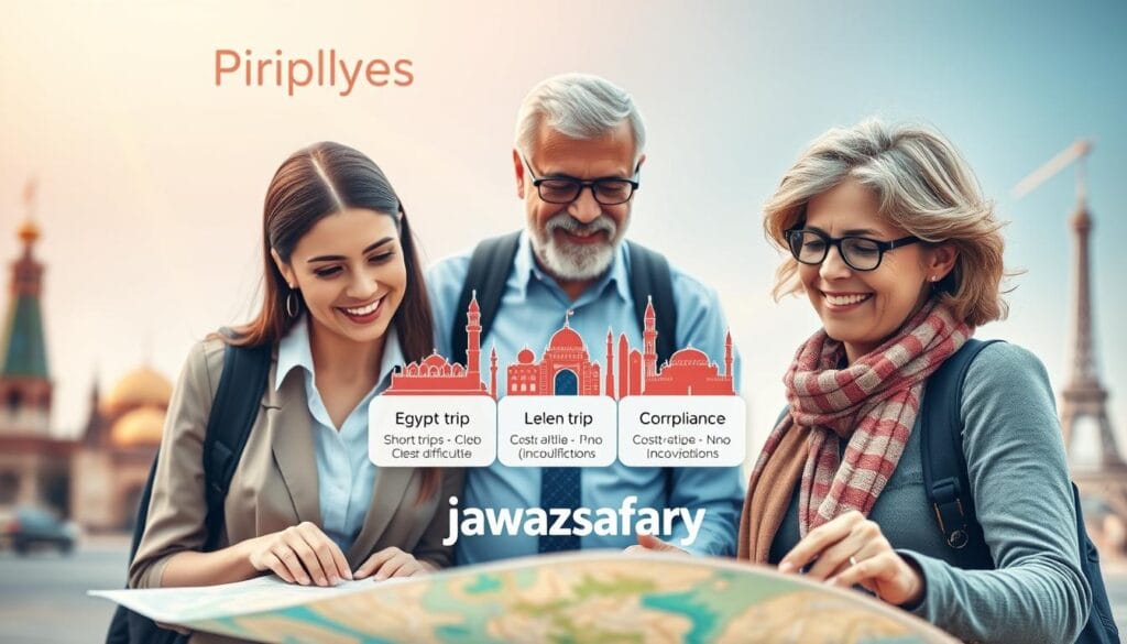 A vibrant travel concept image centered around the theme of "Principles of Selecting Trips." In the foreground, depict a diverse group of three travelers: a young Egyptian woman in modest, stylish business attire, an elderly Egyptian man in smart casual clothing, and a middle-aged woman with an enthusiastic demeanor, all looking at a map with an air of excitement. In the middle ground, illustrate three symbolic travel destinations, each representing a short trip of clear difficulties, cost-effective options, and the importance of compliance (no violations). The background should feature iconic landmarks subtly blurred to evoke a sense of adventure. Use warm, natural lighting to create an inviting atmosphere, focusing on a slightly angled perspective to add depth. The brand name "jawazsafary" should be subtly integrated into the scene, emphasizing a sense of guidance and professionalism in travel planning.