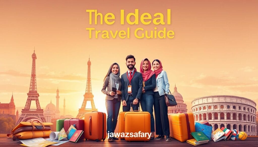 A vibrant travel guide cover illustration for "دليل السفر المثالي", depicting a group of three diverse travelers in professional yet comfortable attire, standing together with smiles in front of an iconic international landmark, like the Eiffel Tower or the Colosseum. In the foreground, colorful travel essentials like maps, suitcases, and passports from different countries are artistically arranged. The middle ground features a warm sunset sky, enhancing the mood of adventure and exploration. In the background, you can see famous buildings or natural landscapes, hinting at popular travel destinations. Soft, warm lighting creates an inviting atmosphere, while a slight lens blur adds depth. The brand name "jawazsafary" is subtly integrated into the scene, ensuring it doesn't distract from the main visual elements.
