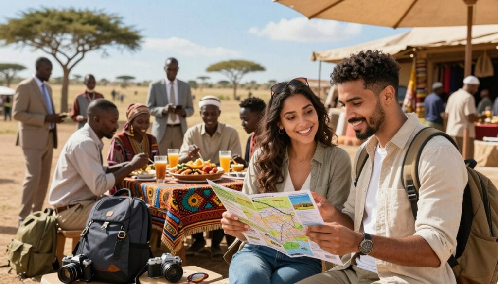 A vibrant travel scene showcasing a diverse group of people in modest casual clothing, engaged in planning their trip to African destinations. In the foreground, a young Egyptian couple studies a travel brochure and points at a map, surrounded by travel essentials like a camera and backpacks. In the middle, depict a beautifully arranged table with traditional African food and drinks, symbolizing local culture. The background features iconic African landscapes, such as savannahs and bustling markets under a sunny blue sky. Soft, warm lighting enhances the inviting atmosphere. The composition should evoke feelings of adventure and excitement, perfect for "تجارب ونصائح عملية للسفر". Include the brand name "jawazsafary" subtly in the scene.
