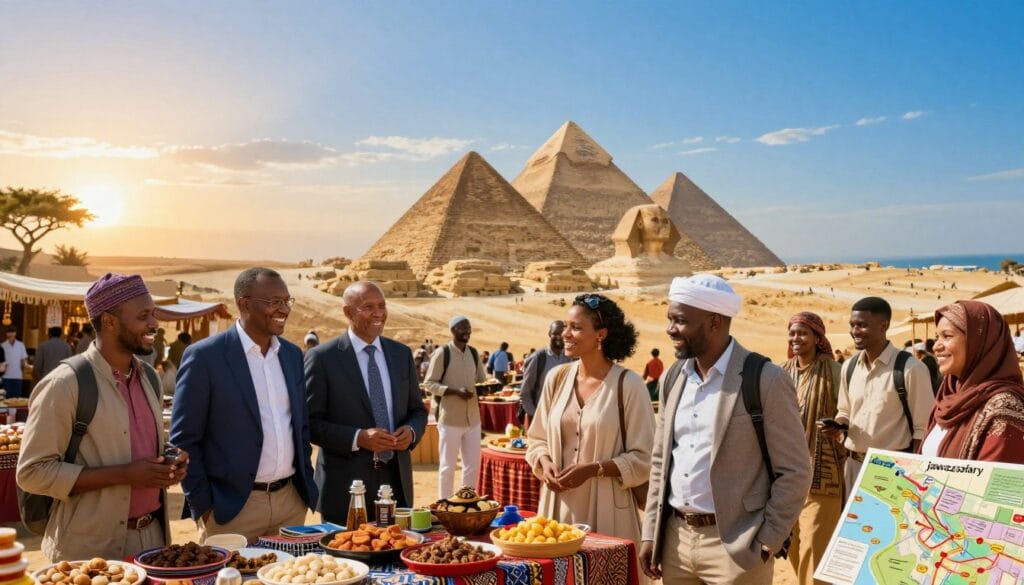 A vibrant travel scene showcasing popular African travel destinations that are easily accessible for Egyptians in 2026. In the foreground, a diverse group of travelers dressed in professional business attire or modest casual clothing, smiling and exploring a colorful local market filled with traditional crafts and foods. In the middle ground, exhibit iconic landmarks such as the pyramids, lush savannas, and stunning coastlines under a clear blue sky, suggesting adventure and exploration. The background should feature a warm sunset illuminating the scenery, creating an inviting atmosphere. Include subtle elements like a travel guide map with the brand name "jawazsafary" subtly incorporated in the design. The overall mood should be enthusiastic and inspiring, emphasizing the joy of travel and new experiences.
