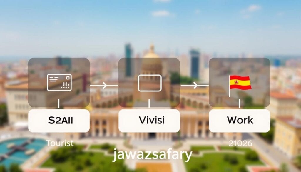 A visually appealing and informative infographic showcasing the different types of Spain visa for Egyptians in 2026, specifically focusing on Tourist, Visit, and Work visas. In the foreground, include three distinct visa icons representing each type. In the middle, illustrate a clear and organized layout, separating each visa type with lines or arrows, possibly with small flags or relevant symbols. In the background, portray a subtle skyline of a Spanish cityscape, softly blurred to enhance focus on the foreground. Utilize bright, welcoming colors to create an inviting atmosphere. The lighting should be bright and optimistic, with a clean, professional look suitable for an article. Include the brand name "jawazsafary" subtly integrated, without any additional text or distractions.