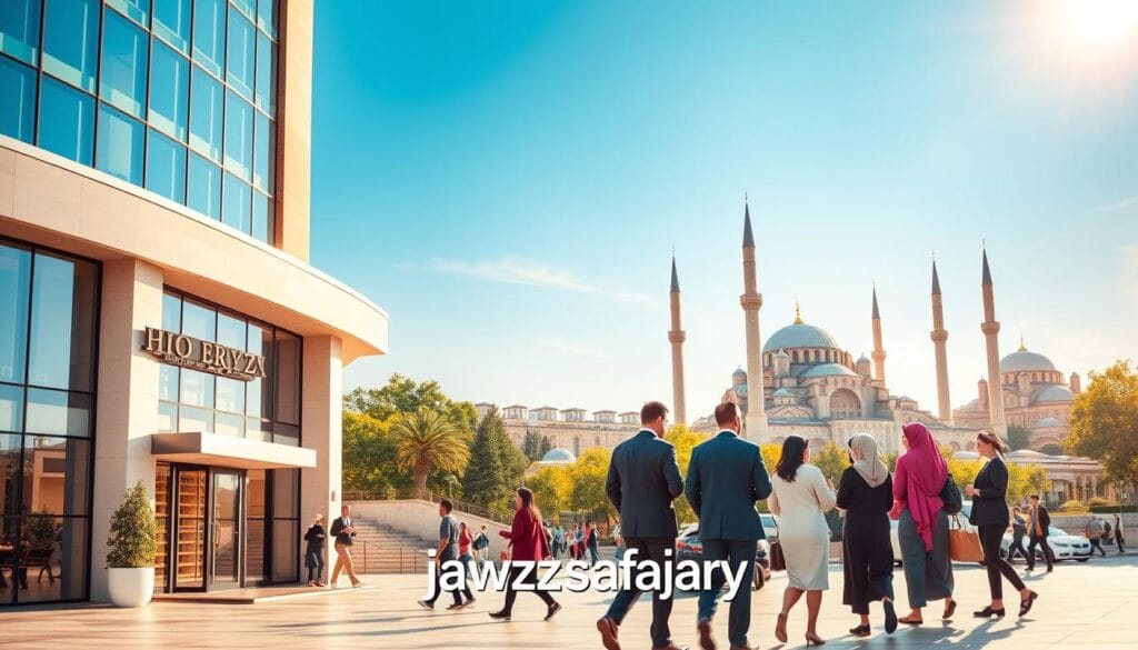 A visually appealing digital artwork illustrating hotel prices in Turkey for 2026. In the foreground, showcase a luxurious hotel facade with modern architecture, featuring large glass windows and welcoming entryways. The middle layer should depict a vibrant outdoor scene with travelers conversing in modest casual clothing, capturing a diverse range of tourists enjoying their stay. In the background, iconic Turkish landmarks like the Hagia Sophia and Blue Mosque can be seen against a sunny blue sky, highlighting Turkey's rich culture. The lighting should be bright and cheerful, evoking a warm atmosphere. Use a wide-angle lens to create depth and perspective. This image will be branded with "jawazsafary" subtly integrated within the scene, ensuring a cohesive and inviting representation of accommodation options in Turkey. A visually appealing digital artwork illustrating hotel prices in Turkey for 2026. In the foreground, showcase a luxurious hotel facade with modern architecture, featuring large glass windows and welcoming entryways. The middle layer should depict a vibrant outdoor scene with travelers conversing in modest casual clothing, capturing a diverse range of tourists enjoying their stay. In the background, iconic Turkish landmarks like the Hagia Sophia and Blue Mosque can be seen against a sunny blue sky, highlighting Turkey's rich culture. The lighting should be bright and cheerful, evoking a warm atmosphere. Use a wide-angle lens to create depth and perspective. This image will be branded with "jawazsafary" subtly integrated within the scene, ensuring a cohesive and inviting representation of accommodation options in Turkey.
