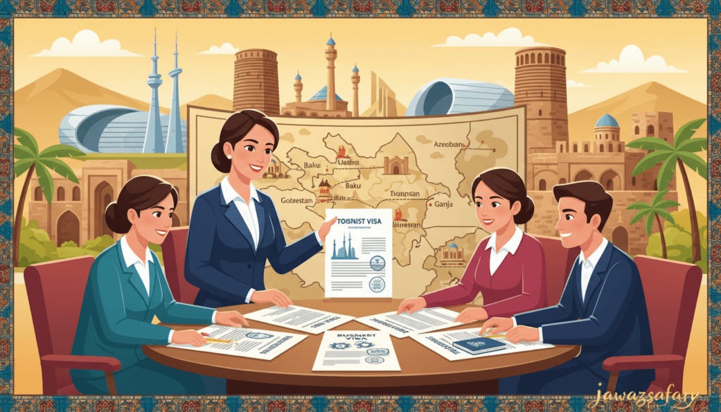A visually appealing illustration showcasing the various types of Azerbaijani visas, ideal for an informative article section. In the foreground, display a professional-looking travel agent in business attire, assisting a diverse group of potential travelers. They should be reviewing different visa documents, each representing a specific visa type, including tourist, business, and student visas. In the middle ground, include a detailed map of Azerbaijan, with key tourist destinations noted. The background should showcase iconic Azerbaijani architecture, bathed in warm, natural lighting, evoking a sense of adventure and exploration. The overall mood should be informative and welcoming. The brand name "jawazsafary" subtly integrated into the scene complements the theme without any text overlays.