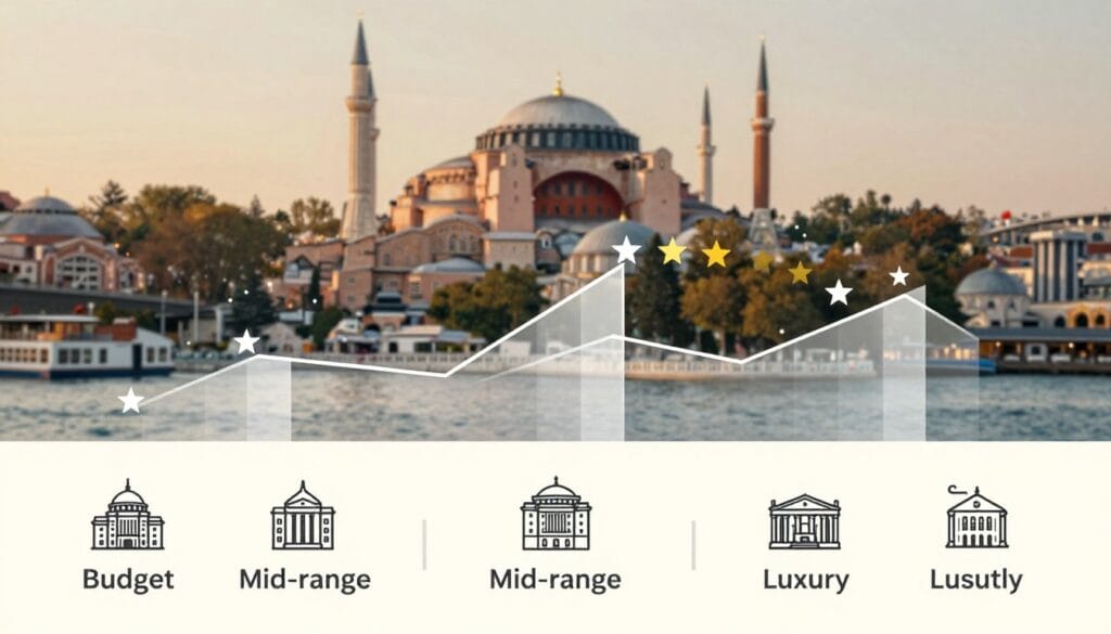 A visually appealing infographic showcasing the average hotel prices in Istanbul categorized by star rating. The foreground features an elegant display of various hotel icons representing different price ranges, with a clean design highlighting three distinct categories: budget, mid-range, and luxury hotels. In the middle layer, there are subtle graphs or charts that depict average prices, with bars or lines gracefully flowing to illustrate the data clearly. The background is a soft-focus silhouette of Istanbul's skyline, including notable landmarks like the Hagia Sophia and Bosphorus Bridge, adding context and depth. The lighting is warm and inviting, suggesting a welcoming atmosphere. The overall mood is informative yet visually engaging, perfect for attracting readers' attention. The brand name "jawazsafary" is subtly integrated into the design, enhancing brand presence without overwhelming the image.