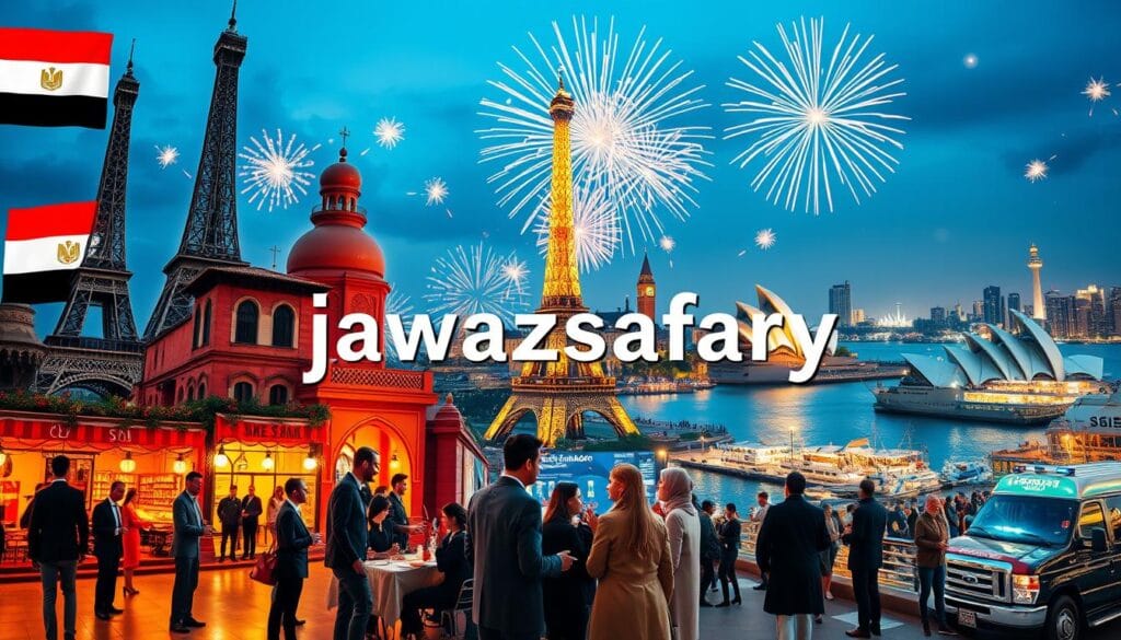 A visually captivating collage showcasing the best seven travel destinations for Egyptians celebrating New Year's Eve abroad, emphasizing vibrant cultural elements and festive atmospheres. The foreground features iconic landmarks like the Eiffel Tower in Paris, the vibrant streets of Marrakech, and fireworks over Sydney Harbour. In the middle ground, depict travelers in modest casual clothing enjoying local cuisine and festivities, surrounded by decorations and lively street performances. The background includes a night sky lit up with fireworks and twinkling city lights, creating a celebratory mood. Utilize warm lighting to accentuate the joy and excitement of the celebrations. Capture this scene with a wide-angle lens to embrace the grandeur of each location. Brand the image subtly with "jawazsafary" integrated into the scenery.
