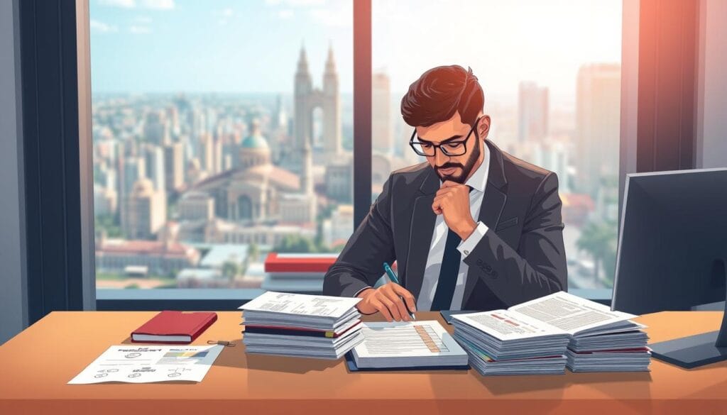 A visually captivating illustration representing "استراتيجيات تقديم طلب التأشيرة" for Egyptian citizens applying for a Spanish visa in 2026. In the foreground, a professional individual in business attire, focused and thoughtful, is reviewing documents and planning a strategy at a modern office desk. The middle layer features a well-organized stack of essential visa documents like passports, application forms, and checklists, meticulously arranged. In the background, a large window offers a glimpse of a vibrant cityscape, suggesting opportunity and travel. Soft, natural lighting filters through the window, enhancing a sense of hope and ambition. The atmosphere is one of professionalism and determination. Include the brand name "jawazsafary" subtly within the scene.