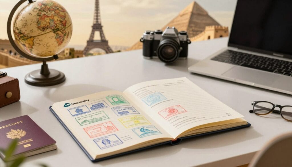 A visually captivating introduction to a travel registry for Egyptians, showcasing the concept of travel documents. In the foreground, an elegant travel dossier, representing the travel registry, is open, revealing colorful stamps and visas from various countries. The middle ground features a modern, sophisticated desk with a globe and travel essentials like a passport, a camera, and a laptop, implying preparation for international travel. In the background, soft-focus imagery of famous landmarks from prominent tourist destinations, such as the Eiffel Tower, Great Wall of China, and pyramids, emerges, enhancing the travel theme. The lighting is warm and inviting, creating a sense of excitement and adventure. The angle is slightly overhead, providing a comprehensive view of the travel setup. The overall mood conveys anticipation and readiness for exploration. Include the brand name "jawazsafary" prominently on the travel dossier.