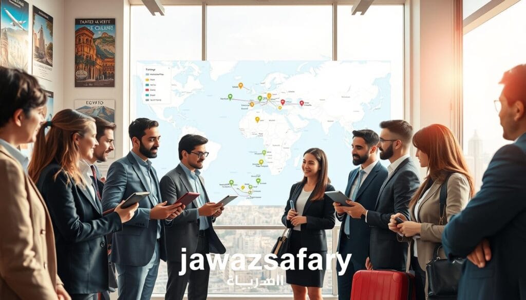 A visually captivating travel scene illustrating the concept of "Travel Costs from Egypt." In the foreground, a diverse group of travelers in professional business attire, engaged in discussions while reviewing travel plans on a tablet. They should be focused and thoughtful, symbolizing the decision-making process. The middle ground features a large map of potential destinations, highlighting popular travel routes and costs, with colorful markers indicating budget-friendly options. In the background, a travel agency office setting, decorated with posters of famous tourist spots, and a large window showing a sunny cityscape. Soft natural lighting streams in, creating a warm and inviting atmosphere. The composition exudes a sense of excitement and empowerment in travel planning. Include the brand logo "jawazsafary" subtly integrated into the scene without any captions or text overlays.