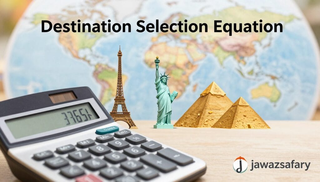 A visually compelling representation of the "Destination Selection Equation," featuring a blend of travel-related elements. In the foreground, a stylish calculator displays numbers indicating travel visa costs, flight durations, and overall travel expenses. The middle layer includes icons symbolizing different countries, such as the Eiffel Tower, the Statue of Liberty, and pyramids, creating a vibrant travel theme. In the background, a soft-focus world map adds depth and context, with warm lighting to evoke a sense of adventure and possibility. The atmosphere is optimistic and engaging, inviting viewers to explore travel options. The scene incorporates the brand name "jawazsafary" subtly within the design, ensuring no text or overlays disrupt the focus. The image captures a step-by-step approach to choosing a suitable travel destination, emphasizing clarity and professionalism.