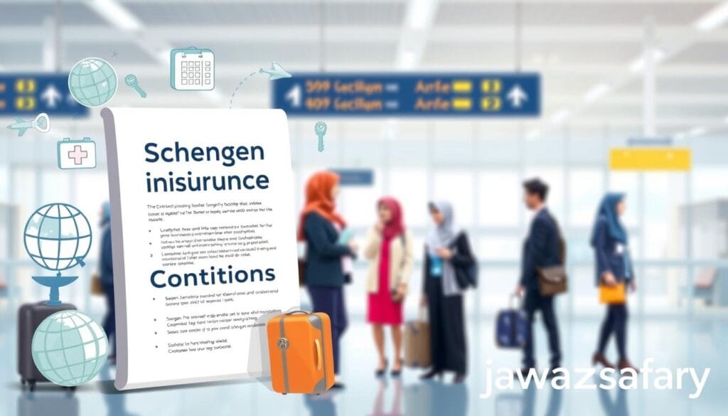 A visually engaging and informative illustration depicting the essential conditions for Schengen insurance, specifically tailored for an audience interested in travel. In the foreground, a professional-looking document titled "Schengen Insurance Conditions" is prominently displayed, surrounded by relevant icons such as a globe, a medical cross, a travel suitcase, and a key, all designed in a modern, clean style. In the middle ground, a diverse group of individuals in professional attire (business suits and modest casual wear) engage in a discussion about their travel plans. The background features a soft-focus airport setting, adding context to the travel theme. The overall lighting is bright and inviting, creating a sense of optimism and preparation. Include the brand name "jawazsafary" subtly integrated into the design, ensuring a polished, informative appearance without any text overlays or watermarks.