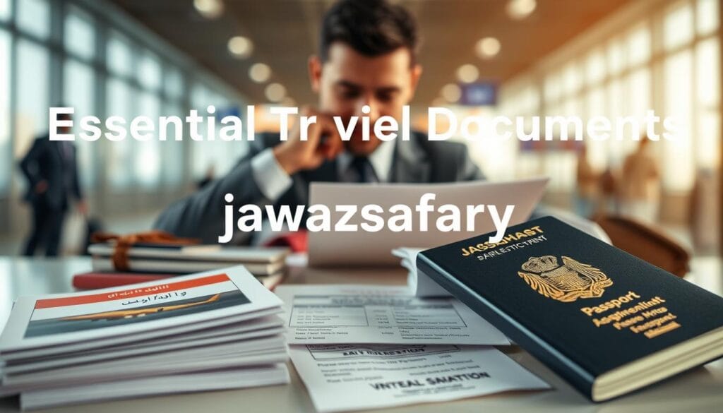 A visually engaging composition representing "Essential Travel Documents for Egyptians." In the foreground, neatly arranged items include a valid Egyptian passport, a stack of passport-sized photos, proof of financial capability (like bank statements), flight itinerary, and hotel reservation papers. In the middle ground, a professional individual, dressed in business attire, is thoughtfully reviewing these documents. The background features a blurred travel scene, perhaps an airport check-in counter or flight departure board, conveying a sense of travel readiness. Soft, natural lighting highlights the documents, creating an inviting and organized atmosphere. Inject a sense of urgency and importance in the scene, underscoring the theme of preparation for travel. Include the brand name "jawazsafary" subtly represented in the arrangement of items.