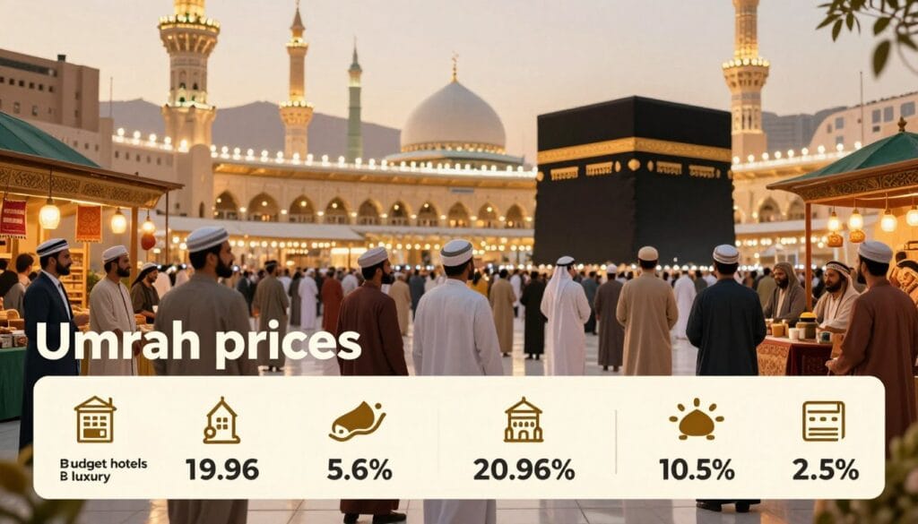 A visually engaging illustration depicting the concept of "Umrah prices" suitable for a section on 2026 costs. In the foreground, showcase a detailed infographic of price ranges for different accommodation types, such as budget hotels and luxury options, represented by stylized icons. In the middle ground, include a vibrant market scene illustrating various services related to Umrah, such as transportation and guided tours, with friendly local vendors and satisfied pilgrims in modest casual clothing. In the background, feature iconic landmarks from Mecca, softly illuminated by warm, golden evening light, creating an inviting atmosphere. Use a wide-angle lens perspective to capture the bustling energy of the scene while ensuring the branding "jawazsafary" is subtly integrated into the composition without text overlays. A visually engaging illustration depicting the concept of "Umrah prices" suitable for a section on 2026 costs. In the foreground, showcase a detailed infographic of price ranges for different accommodation types, such as budget hotels and luxury options, represented by stylized icons. In the middle ground, include a vibrant market scene illustrating various services related to Umrah, such as transportation and guided tours, with friendly local vendors and satisfied pilgrims in modest casual clothing. In the background, feature iconic landmarks from Mecca, softly illuminated by warm, golden evening light, creating an inviting atmosphere. Use a wide-angle lens perspective to capture the bustling energy of the scene while ensuring the branding "jawazsafary" is subtly integrated into the composition without text overlays.