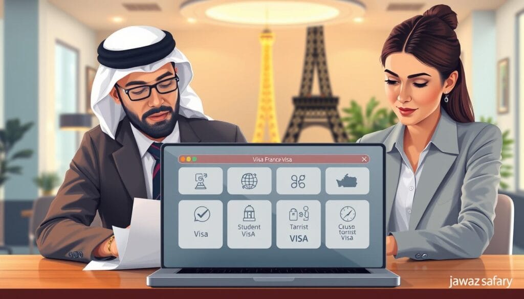 A visually engaging illustration depicting various types of French visas available for Egyptians in 2026. Foreground features a professional-looking Egyptian man and woman in business attire, reviewing visa application documents together with focused expressions. In the middle, an open laptop displays a digital interface showcasing different visa types, like student and tourist visas, with relevant symbols and icons. The background features the iconic silhouette of the Eiffel Tower subtly blended into a well-lit office environment with modern decor. Soft, warm lighting creates an inviting atmosphere, while a slight depth of field effect emphasizes the subjects and the laptop. The image should evoke a sense of professionalism and assistance, branded with "jawazsafary" in a tasteful manner. A visually engaging illustration depicting various types of French visas available for Egyptians in 2026. Foreground features a professional-looking Egyptian man and woman in business attire, reviewing visa application documents together with focused expressions. In the middle, an open laptop displays a digital interface showcasing different visa types, like student and tourist visas, with relevant symbols and icons. The background features the iconic silhouette of the Eiffel Tower subtly blended into a well-lit office environment with modern decor. Soft, warm lighting creates an inviting atmosphere, while a slight depth of field effect emphasizes the subjects and the laptop. The image should evoke a sense of professionalism and assistance, branded with "jawazsafary" in a tasteful manner.