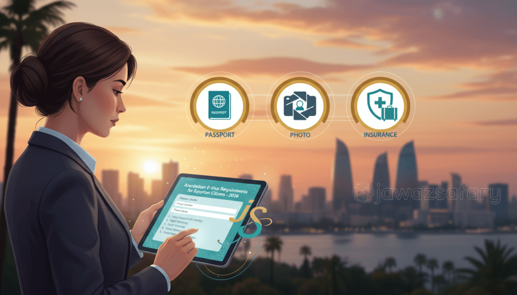 A visually engaging illustration of "شروط تأشيرة أذربيجان," highlighting the electronic visa requirements for Egyptian travelers in 2026. In the foreground, a professionally dressed travel consultant is examining a digital tablet displaying an electronic visa application form with important criteria listed. In the middle, an infographic-style representation of the main requirements appears, including a passport, photographs, and travel insurance icons. The background features the iconic skyline of Baku, Azerbaijan, bathed in warm, inviting sunlight, creating a hopeful and adventurous atmosphere. The image composition uses a soft focus lens to add depth, emphasizing the foreground, with gentle shadows to create an inviting mood. The brand name "jawazsafary" is subtly integrated into the design elements without text overlays.