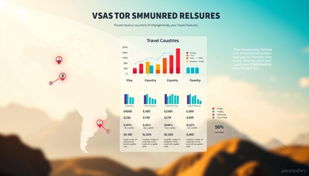 A visually engaging infographic showcasing a simplified comparison of countries regarding visa types, cost levels, and key features, designed for travel insights. In the foreground, a stylized map with highlighted countries, each marked with distinct icons representing the visa requirements. The middle layer features graphs or bar charts illustrating the cost of traveling to each country, incorporating vibrant colors for clarity. In the background, an airy, bright design with soft gradients suggesting exploration and adventure. The atmosphere should feel informative yet inviting, promoting the ease of travel. Lighting should be warm and welcoming, evoking a sense of curiosity. The image should have no text overlays or watermarks, presenting a polished look suitable for a travel guide by jawazsafary.