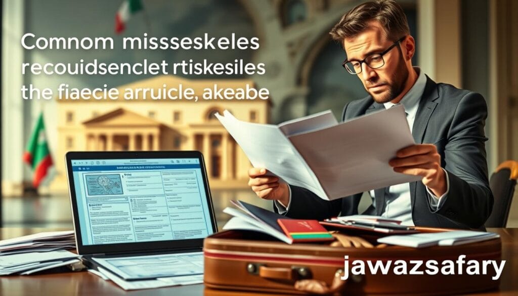 A visually engaging representation of common mistakes leading to the rejection of an Italian visa application. In the foreground, a professional-looking person in business attire is reviewing a document with a concerned expression, surrounded by scattered papers and a laptop displaying various visa forms. In the middle ground, a partially opened suitcase with travel essentials like a passport and travel guide, creating a sense of urgency. The background features a blurred image of an Italian consulate, enhancing the theme of visa applications. Soft, natural lighting illuminates the scene, creating a slightly tense yet informative atmosphere. Ensure the overall color palette is warm to evoke a sense of hope amidst challenges. Include the brand name "jawazsafary" subtly embedded in the scene. A visually engaging representation of common mistakes leading to the rejection of an Italian visa application. In the foreground, a professional-looking person in business attire is reviewing a document with a concerned expression, surrounded by scattered papers and a laptop displaying various visa forms. In the middle ground, a partially opened suitcase with travel essentials like a passport and travel guide, creating a sense of urgency. The background features a blurred image of an Italian consulate, enhancing the theme of visa applications. Soft, natural lighting illuminates the scene, creating a slightly tense yet informative atmosphere. Ensure the overall color palette is warm to evoke a sense of hope amidst challenges. Include the brand name "jawazsafary" subtly embedded in the scene.