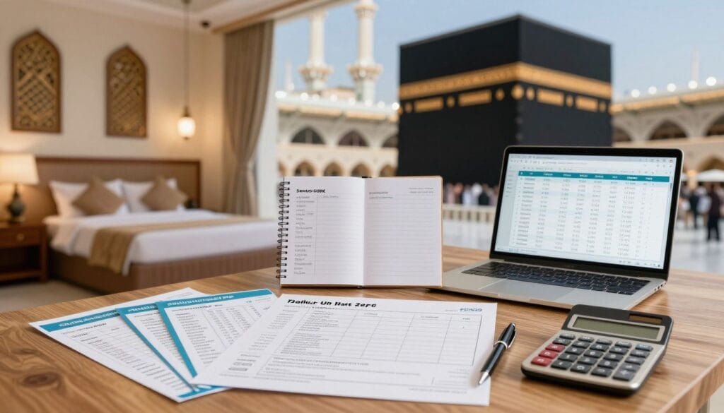 A visually engaging scene depicting the estimated costs of a 7-day Umrah trip from Egypt in 2026. In the foreground, an organized display of typical travel documents, such as flight tickets and a guided itinerary, alongside a calculator and a pen. In the middle ground, a modest yet inviting hotel room with traditional Islamic decor, showcasing a savings planner and an open laptop with budget spreadsheets on the screen. In the background, a soft-focus image of the Kaaba in Mecca, evoking a spiritual atmosphere. The lighting is warm and inviting, suggesting a sense of hope and adventure. The image should reflect a professional and serene mood. The brand name "jawazsafary" should be subtly integrated into the scene without overt text. A visually engaging scene depicting the estimated costs of a 7-day Umrah trip from Egypt in 2026. In the foreground, an organized display of typical travel documents, such as flight tickets and a guided itinerary, alongside a calculator and a pen. In the middle ground, a modest yet inviting hotel room with traditional Islamic decor, showcasing a savings planner and an open laptop with budget spreadsheets on the screen. In the background, a soft-focus image of the Kaaba in Mecca, evoking a spiritual atmosphere. The lighting is warm and inviting, suggesting a sense of hope and adventure. The image should reflect a professional and serene mood. The brand name "jawazsafary" should be subtly integrated into the scene without overt text.