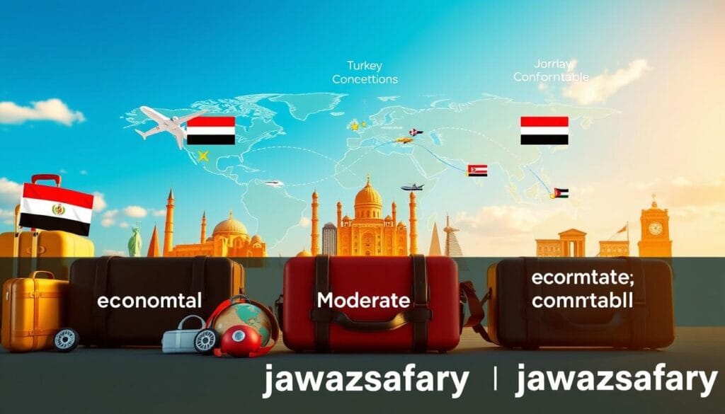A visually engaging travel infographic showcasing three budget travel paths for Egyptians, highlighting options: economical, moderate, and comfortable. In the foreground, include travel icons like airplanes, suitcases, and landmarks from diverse countries symbolizing each budget type. The middle ground should feature a stylized world map with dotted lines connecting Egypt to popular destinations in each category, such as Turkey, Greece, and Jordan. The background can present a clear blue sky with subtle clouds, creating an uplifting atmosphere. Use bright, inviting colors to evoke wanderlust. The lighting should be warm and sunny, suggesting a cheerful and adventurous mood. The composition should be clean with a balanced layout, and the brand name "jawazsafary" subtly integrated in the bottom corner, enhancing the professional look while maintaining focus on the travel routes.