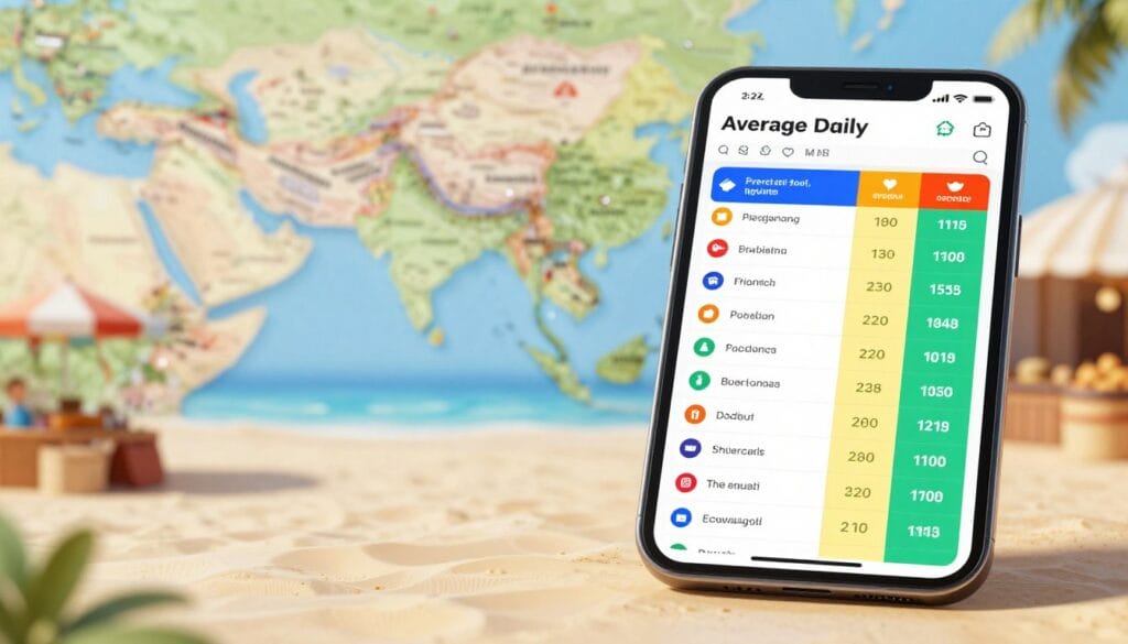 A visually striking comparison table displaying the average daily expenses in various countries appealing to Egyptian travelers. In the foreground, a modern, sleek digital device shows the table interface with vivid colors, symbols, and icons representing different expenses. The middle ground features a blurred map of countries popular among Egyptians, hinting at affordable travel destinations. In the background, a bright, inviting landscape symbolizes affordability—perhaps an illustration of a beach or local market. Soft, natural lighting illuminates the scene, creating a warm and welcoming atmosphere. Capture the mood of exploration and discovery, suggesting low-cost journeys, with the brand name "jawazsafary" subtly integrated into the design. A visually striking comparison table displaying the average daily expenses in various countries appealing to Egyptian travelers. In the foreground, a modern, sleek digital device shows the table interface with vivid colors, symbols, and icons representing different expenses. The middle ground features a blurred map of countries popular among Egyptians, hinting at affordable travel destinations. In the background, a bright, inviting landscape symbolizes affordability—perhaps an illustration of a beach or local market. Soft, natural lighting illuminates the scene, creating a warm and welcoming atmosphere. Capture the mood of exploration and discovery, suggesting low-cost journeys, with the brand name "jawazsafary" subtly integrated into the design.