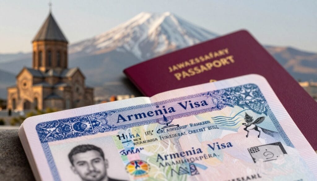 A visually striking image of an Armenian visa design, prominently featuring the word "تأشيرة أرمينيا" in elegant calligraphy. In the foreground, showcase the visa document with detailed elements like holograms, stamps, and a passport photo placeholder. In the middle ground, include a modern passport partially opened beside the visa, hinting at travel. The background should depict soft, warm lighting with iconic Armenian landmarks, such as the stunning Geghard Monastery and the majestic Mount Ararat, softly blurred to create a sense of depth. The overall mood should evoke a sense of adventure and opportunity, reflecting the welcoming atmosphere for Egyptian travelers. The logo "jawazsafary" should be subtly incorporated without being intrusive, with no text or overlays present.
