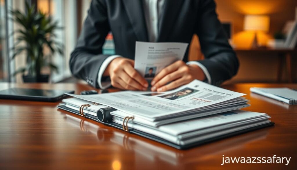 A well-organized, step-by-step visa application file for Spain, showcasing a neatly arranged collection of documents including passport photos, application forms, and supporting paperwork. In the foreground, a professional-looking file with labeled sections, emphasizing clarity and order. In the middle, a pair of hands in business attire confidently organizing the documents on a polished wooden desk. The background features a softly blurred image of a modern office space with warm, natural lighting that creates an inviting atmosphere. The overall mood is focused and professional, highlighting the importance of a strong visa file. Incorporate a subtle watermark of "jawazsafary" in a corner for branding, ensuring it remains unobtrusive.