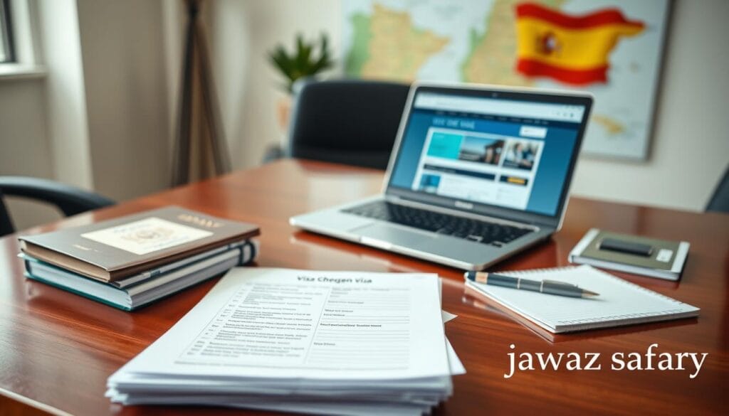 A well-organized visa checklist for a Schengen visa, specifically for Spain, displayed on a polished wooden desk. In the foreground, a neatly arranged stack of essential documents including a passport, visa application form, travel insurance, and bank statement, all presented in a professional manner. In the middle ground, a stylish laptop with a travel planning website open, surrounded by a notepad and pen, indicating meticulous preparation. The background features a soft-focus map of Spain and elegant office décor, bathed in natural light from a nearby window, creating a calm and focused atmosphere. The scene includes the brand name "jawazsafary" subtly incorporated into the overall layout.