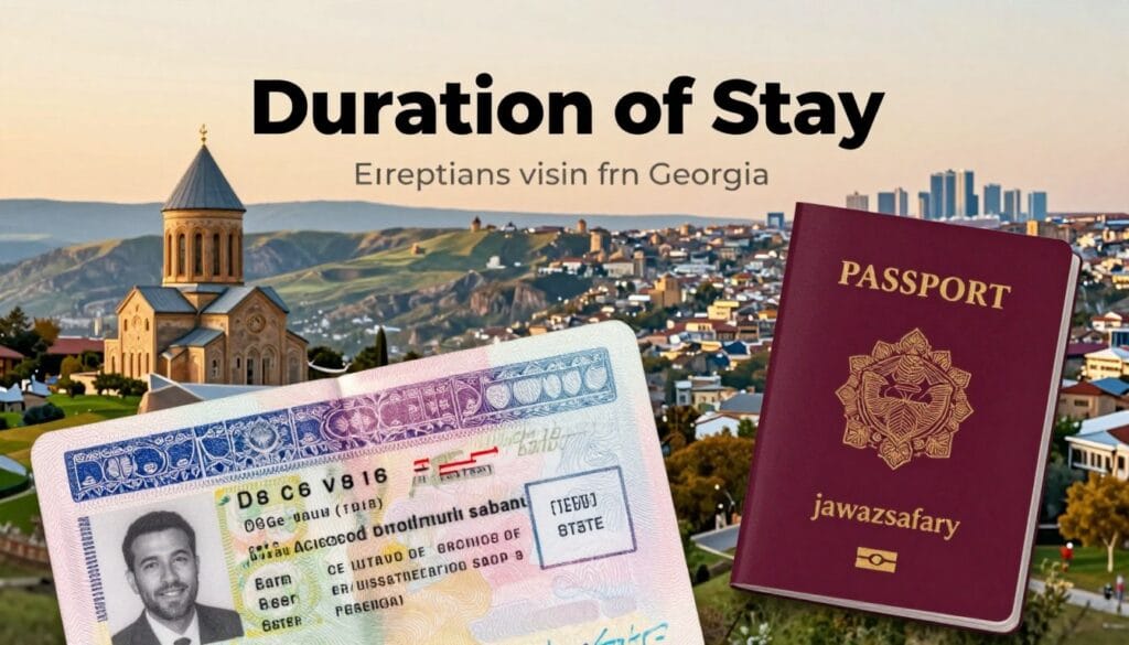 An informative illustration depicting the theme of "مدة الإقامة" related to Egyptians visiting Georgia. In the foreground, there is a stylish, open passport showing a visa with a clear stamp indicating the allowed duration of stay, symbolizing travel and legality. The middle ground features a scenic view of Georgia's iconic landscapes, such as the picturesque mountains and ancient architecture, providing a cultural context for the destination. The background showcases a soft-focus skyline of Tbilisi, highlighting its blend of tradition and modernity. The lighting is warm and inviting, suggesting a welcoming atmosphere. The overall mood is optimistic and adventurous, reflecting the exciting opportunity for travelers. Include the brand "jawazsafary" subtly integrated into the design, without any text or captions. An informative illustration depicting the theme of "مدة الإقامة" related to Egyptians visiting Georgia. In the foreground, there is a stylish, open passport showing a visa with a clear stamp indicating the allowed duration of stay, symbolizing travel and legality. The middle ground features a scenic view of Georgia's iconic landscapes, such as the picturesque mountains and ancient architecture, providing a cultural context for the destination. The background showcases a soft-focus skyline of Tbilisi, highlighting its blend of tradition and modernity. The lighting is warm and inviting, suggesting a welcoming atmosphere. The overall mood is optimistic and adventurous, reflecting the exciting opportunity for travelers. Include the brand "jawazsafary" subtly integrated into the design, without any text or captions.