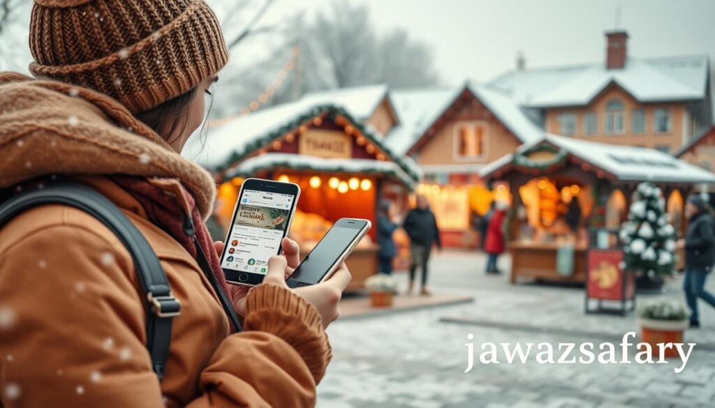 An inviting winter travel scene emphasizing money-saving tips for December trips. In the foreground, a cozy traveler with a travel backpack, wearing a stylish yet modest winter outfit, is browsing a travel app on their smartphone, showcasing budget-friendly accommodations and activities. The middle ground features a bustling holiday market with festive decorations, showcasing affordable local food stalls and gift shops, surrounded by charming snow-dusted buildings. In the background, snowflakes gently fall, creating a serene atmosphere. Soft, warm lighting casts a welcoming glow across the scene, highlighting the excitement of holiday travel without financial stress. Capture the essence of economical and enjoyable December travel, branded with "jawazsafary" subtly integrated into the visual.