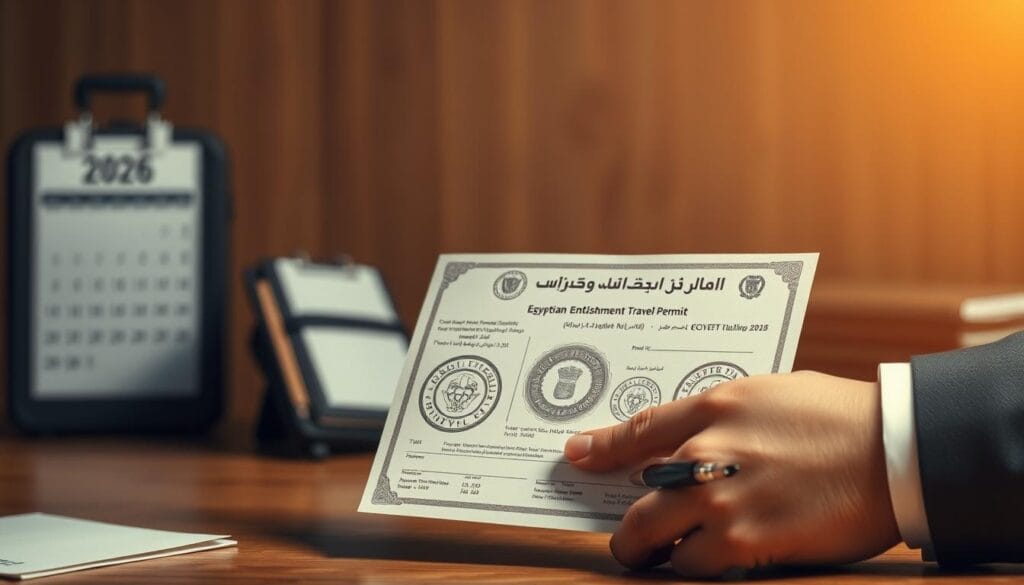 An official Egyptian military enlistment travel permit prominently displayed on a wooden desk, the document reveals intricate patterns and seals synonymous with Egyptian governmental bureaucracy. In the foreground, a hand dressed in professional business attire holds the permit, with a pen poised above it, symbolizing readiness to proceed with bureaucracy. The background features blurred elements of an office setting — a calendar indicating the year 2026 and travel-related items like a suitcase and travel documents. Soft, warm lighting casts a professional atmosphere, creating a sense of urgency and importance surrounding travel for Egyptian citizens. The overall mood is serious yet hopeful, suggesting the anticipation of upcoming travel. The brand name "jawazsafary" subtly incorporated in the design symbolizes travel facilitation for Egyptians.