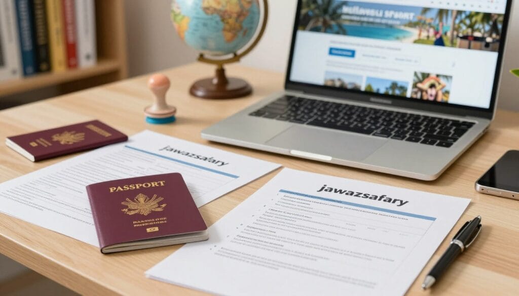 An organized desk scene showcasing essential documents and forms for applying for travel registration, with relevant items such as a polished passport, visa application forms, an official stamp, and a pen. In the foreground, there are neatly arranged papers with bullet points outlining requirements. The middle ground features a laptop displaying travel-related websites. The background includes a bookshelf filled with travel guides and globes, suggesting international travel. Soft, warm lighting creates a professional atmosphere, as if in an office setting. The composition emphasizes clarity and order, reflecting the seriousness of preparation for travel. Include a subtle brand presence of “jawazsafary” within the scene, making it appear professionally branded.