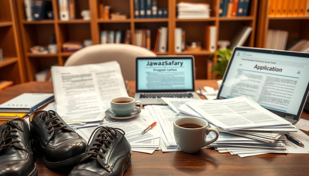 An organized desk scene showcasing essential documents for "مستندات إثبات العمل," featuring a vibrant mix of official paperwork, such as employment letters, pay stubs, and contracts neatly arranged. In the foreground, a pair of professional business shoes can be seen beside the documents, conveying a sense of readiness. The middle ground features an open laptop displaying a draft of an application, while a cup of coffee adds warmth to the workspace atmosphere. The background displays a softly illuminated room with shelves containing books and folders, giving a cozy yet professional vibe. The lighting is bright and inviting, with a focus on creating a clear and detailed view of the documents. This image should embody professionalism and organization, aligning with the theme of "jawazsafary." An organized desk scene showcasing essential documents for "مستندات إثبات العمل," featuring a vibrant mix of official paperwork, such as employment letters, pay stubs, and contracts neatly arranged. In the foreground, a pair of professional business shoes can be seen beside the documents, conveying a sense of readiness. The middle ground features an open laptop displaying a draft of an application, while a cup of coffee adds warmth to the workspace atmosphere. The background displays a softly illuminated room with shelves containing books and folders, giving a cozy yet professional vibe. The lighting is bright and inviting, with a focus on creating a clear and detailed view of the documents. This image should embody professionalism and organization, aligning with the theme of "jawazsafary."