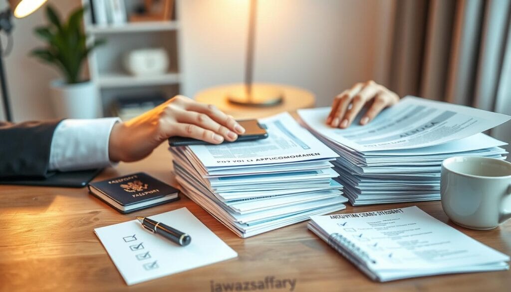 An organized table showcasing the step-by-step arrangement of documents for an Italy visa application, featuring a neatly stacked pile of essential documents like a passport, application form, proof of accommodation, and financial statements. In the foreground, a pair of professional hands gently sorting through the paperwork, all dressed in smart business attire. The middle ground includes stationery items like a pen, a notepad with checkboxes, and a coffee cup, adding a warm, inviting atmosphere. The background softly blurred with a cozy office setting, warm lighting emanating from a desk lamp to convey focus and seriousness. The overall mood is professional yet approachable, symbolizing the importance of a well-structured visa application, with the brand name "jawazsafary" subtly hinted within the design elements. An organized table showcasing the step-by-step arrangement of documents for an Italy visa application, featuring a neatly stacked pile of essential documents like a passport, application form, proof of accommodation, and financial statements. In the foreground, a pair of professional hands gently sorting through the paperwork, all dressed in smart business attire. The middle ground includes stationery items like a pen, a notepad with checkboxes, and a coffee cup, adding a warm, inviting atmosphere. The background softly blurred with a cozy office setting, warm lighting emanating from a desk lamp to convey focus and seriousness. The overall mood is professional yet approachable, symbolizing the importance of a well-structured visa application, with the brand name "jawazsafary" subtly hinted within the design elements.
