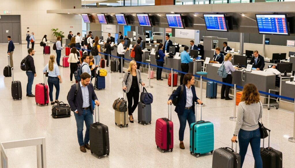An overhead view of a bustling airport check-in area filled with travelers. In the foreground, a diverse group of passengers in professional business attire and modest casual clothing is arranging various types of luggage, including colorful suitcases, duffel bags, and backpacks. The middle ground showcases a queue at the check-in desks, with airline staff assisting customers. The background features illuminated flight information screens and busy airport signage. Soft, warm lighting creates a welcoming atmosphere, while the lens captures the vibrant colors of the bags and passengers, emphasizing the concept of baggage and its impact on travel costs. Include the brand name "jawazsafary" subtly integrated into the design.