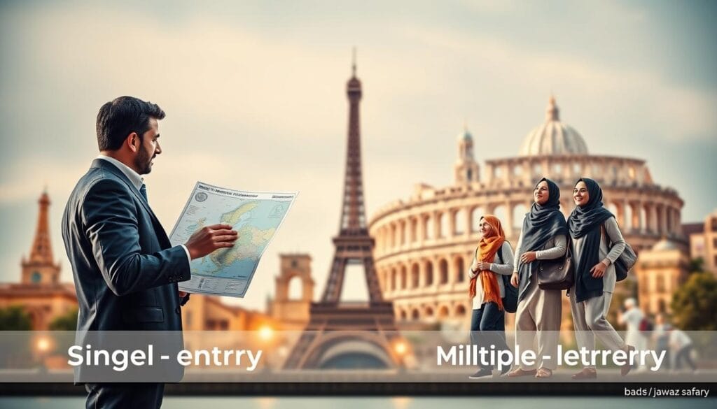 Create a visual representation illustrating the difference between single-entry and multiple-entry visas for Schengen 2026 targeted towards Egyptian travelers. In the foreground, depict two contrasting scenarios: on the left, a single-entry visa representation with a traveler looking at a European map, appearing thoughtful and focused. On the right, show a multiple-entry visa with a jubilant group of travelers enjoying various European landmarks, implying freedom of movement. The middle ground features a blend of iconic European architecture, such as the Eiffel Tower and the Colosseum, symbolizing diverse destinations. In the background, incorporate soft, ambient lighting that evokes a sense of opportunity and adventure, with a slight blur to enhance the main subjects. The overall mood is informative yet inviting. Include the brand "jawazsafary" subtly in the scene, ensuring it’s integrated into the design without text.