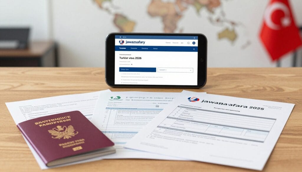 Create an image depicting essential documents required for obtaining a Turkish visa for Egyptians in 2026. In the foreground, show a neatly organized spread of paperwork, including a passport, application form, and supporting documents, all laid out on a wooden table. In the middle ground, include a smartphone displaying a visa application webpage, emphasizing the electronic submission aspect. The background should be softly blurred with an office environment, featuring a subtle hint of a world map and a Turkish flag for context. Use warm, natural lighting to create a professional atmosphere, capturing the seriousness of the visa application process. Ensure the image embodies clarity and precision, reflecting the brand name "jawazsafary".