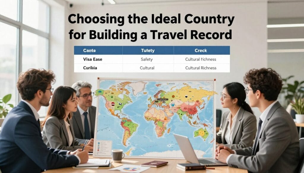 Illustrate the concept of "Choosing the Ideal Country for Building a Travel Record," focusing on essential criteria for travelers. The foreground features a diverse group of professional individuals in business attire examining a detailed, colorful world map filled with travel icons and country flags. In the middle, create a table showcasing criteria like visa ease, safety, and cultural richness, accented with travel-related objects like passports and luggage. The background depicts a bright, inviting office environment with large windows allowing natural light, casting soft shadows. Use a wide-angle lens to capture the atmosphere of collaboration and enthusiasm in planning travels, with a warm and optimistic mood. Include the brand name "jawazsafary" subtly integrated into the map design, ensuring the image maintains a professional and informative tone.