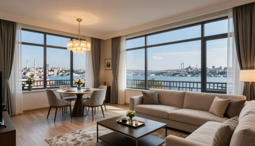 Luxury serviced apartments in Istanbul, featuring modern furnishings and elegant decor. In the foreground, a spacious living room with a plush sofa, coffee table, and a large window showcasing a view of Istanbul's skyline. The middle ground includes a dining area with a stylish table set for two, illuminated by soft, warm lighting from a designer chandelier. In the background, the cityscape with iconic landmarks such as the Bosphorus Bridge and traditional mosques under a clear blue sky. The atmosphere should feel inviting and serene, perfect for travelers seeking comfort. The image should reflect the quality and ambiance of high-end short-term rentals. Include subtle branding elements of "jawazsafary" in a tasteful manner.
