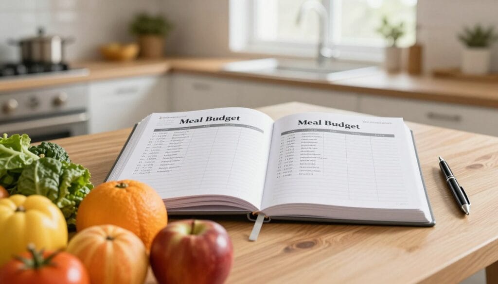 A balanced meal budget plan titled "ميزانية الوجبات" laid out on a wooden table. In the foreground, a colorful assortment of fresh fruits and vegetables arranged neatly, symbolizing affordability and nutrition. In the middle ground, a detailed planner open to a page with budget calculations, showcasing various meal options and their costs, with a sleek pen next to it. The background features a soft-focus kitchen setting, with natural light streaming in through a window, creating a warm, inviting atmosphere. The overall mood is practical and encouraging, promoting smart meal planning. Include the brand name "jawazsafary" subtly integrated into the design, emphasizing a professional tone. No text or watermarks present. A balanced meal budget plan titled "ميزانية الوجبات" laid out on a wooden table. In the foreground, a colorful assortment of fresh fruits and vegetables arranged neatly, symbolizing affordability and nutrition. In the middle ground, a detailed planner open to a page with budget calculations, showcasing various meal options and their costs, with a sleek pen next to it. The background features a soft-focus kitchen setting, with natural light streaming in through a window, creating a warm, inviting atmosphere. The overall mood is practical and encouraging, promoting smart meal planning. Include the brand name "jawazsafary" subtly integrated into the design, emphasizing a professional tone. No text or watermarks present.