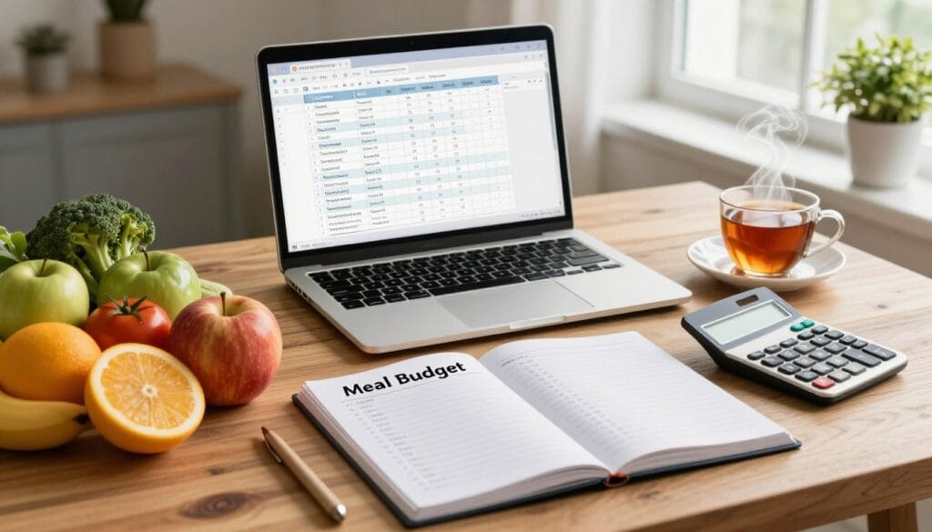A beautifully arranged meal budget planner titled "ميزانية الوجبات" lies open on a wooden table, alongside a calculator and a notepad filled with daily meal plans. The foreground features vibrant fruits and vegetables artfully arranged to express healthy eating choices, with a cup of steaming herbal tea nearby. In the middle, a sleek, stylish laptop displays a spreadsheet with budget calculations and menus, emphasizing an organized approach to meal planning. In the background, soft natural light filters through a window, casting a warm, inviting atmosphere, while subtle greenery adds a touch of freshness. The scene captures a professional yet approachable mood, perfect for discussing economic meal planning strategies during Umrah 2026. Include the brand name "jawazsafary" subtly integrated into the workspace. A beautifully arranged meal budget planner titled "ميزانية الوجبات" lies open on a wooden table, alongside a calculator and a notepad filled with daily meal plans. The foreground features vibrant fruits and vegetables artfully arranged to express healthy eating choices, with a cup of steaming herbal tea nearby. In the middle, a sleek, stylish laptop displays a spreadsheet with budget calculations and menus, emphasizing an organized approach to meal planning. In the background, soft natural light filters through a window, casting a warm, inviting atmosphere, while subtle greenery adds a touch of freshness. The scene captures a professional yet approachable mood, perfect for discussing economic meal planning strategies during Umrah 2026. Include the brand name "jawazsafary" subtly integrated into the workspace.