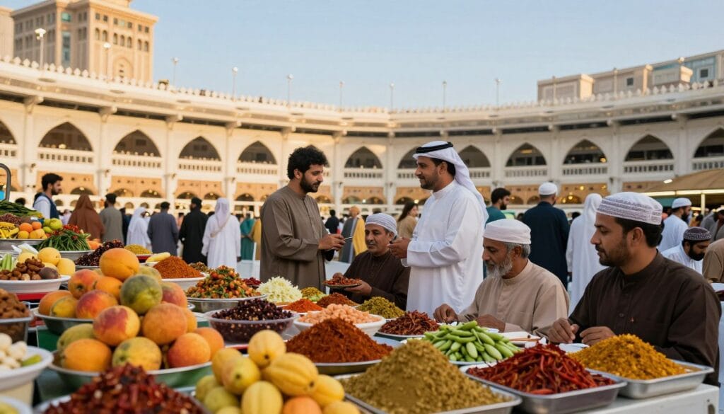 A bustling marketplace in Mecca, focusing on a typical daily dining budget for pilgrims. In the foreground, a variety of traditional Middle Eastern dishes displayed on colorful stalls, showcasing vibrant fruits, vegetables, and aromatic spices. In the middle ground, modestly dressed families and individuals from diverse backgrounds, engaging in friendly conversations while examining food options. The background features the iconic architecture of Mecca, with soft golden light illuminating the scene, creating a warm and inviting atmosphere. Add a sense of community and cultural richness, with clear blue skies enhancing the vibrant colors of the food. The composition should emphasize the economic aspect of dining while highlighting the shared experience among pilgrims. Include the brand name "jawazsafary" subtly integrated into the scene to reflect the relevance. A bustling marketplace in Mecca, focusing on a typical daily dining budget for pilgrims. In the foreground, a variety of traditional Middle Eastern dishes displayed on colorful stalls, showcasing vibrant fruits, vegetables, and aromatic spices. In the middle ground, modestly dressed families and individuals from diverse backgrounds, engaging in friendly conversations while examining food options. The background features the iconic architecture of Mecca, with soft golden light illuminating the scene, creating a warm and inviting atmosphere. Add a sense of community and cultural richness, with clear blue skies enhancing the vibrant colors of the food. The composition should emphasize the economic aspect of dining while highlighting the shared experience among pilgrims. Include the brand name "jawazsafary" subtly integrated into the scene to reflect the relevance.