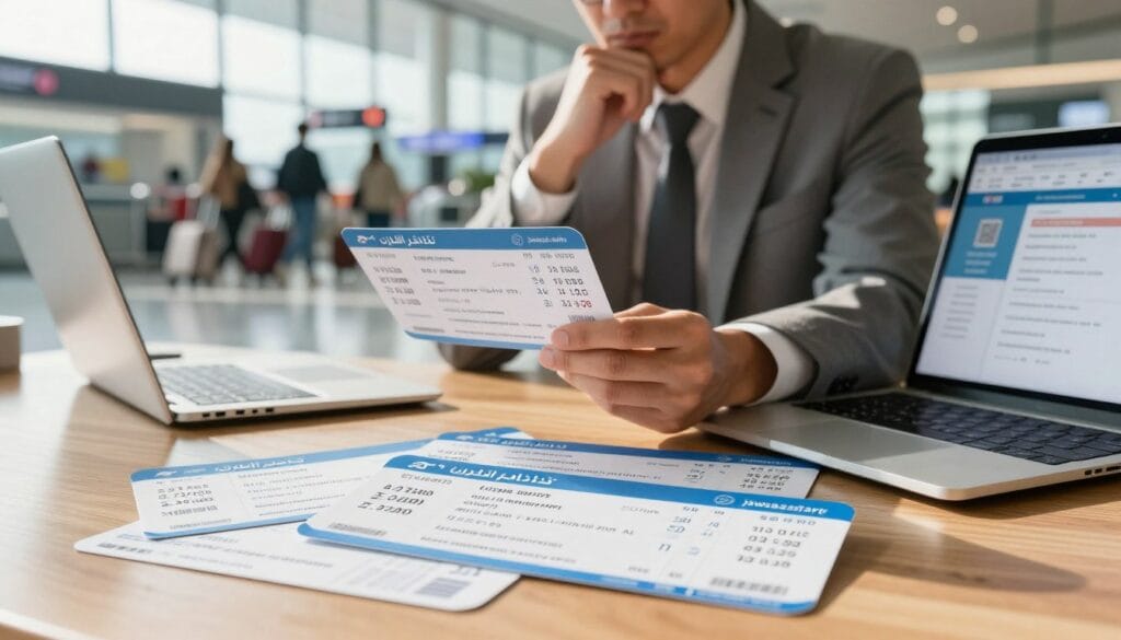 A detailed and informative representation of airplane tickets ("تذاكر الطيران") prominently displayed on a wooden desk. In the foreground, a few flight tickets, with various destinations and prices, are spread out alongside a sleek laptop showing a flight comparison website. In the middle background, a professional person in modest business attire is examining the tickets, deep in thought, with a slight frown to express contemplation about travel costs. The backdrop features a softly blurred airport terminal scene with travelers, luggage carts, and airline booths, enhancing the travel theme. The lighting is warm and natural, as if sunlight is streaming in from a large window. The overall mood reflects the seriousness and importance of making informed travel decisions. Include a faint logo of "jawazsafary" on one of the tickets for branding.
