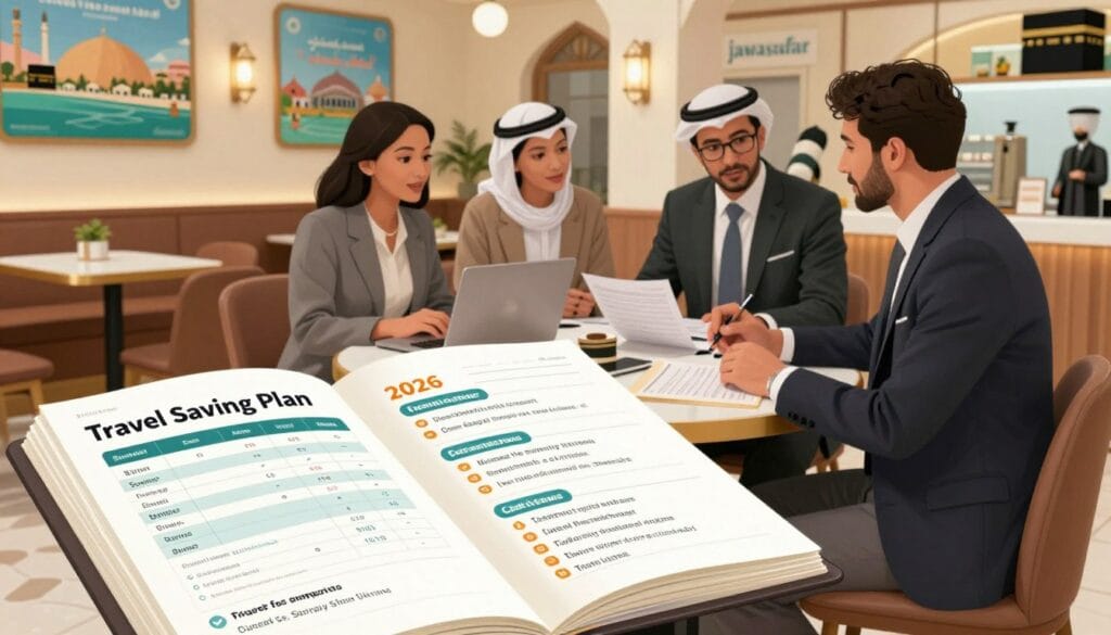 A detailed, informative illustration for the concept of "خطة توفير الرحلة" (Travel Saving Plan) in the context of Umrah for 2026. In the foreground, feature a well-organized travel planner open, showcasing a budget chart, travel itinerary, and cost-saving tips. In the middle ground, depict a cozy, welcoming café where individuals in professional business attire are discussing and planning their trip together, with laptops and travel guides spread out on the table. The background should show an inviting travel agency environment, with posters of beautiful destinations in Saudi Arabia and soft lighting that creates a warm atmosphere. Capture a mood of collaboration and proactive planning. The brand name "jawazsafary" subtly integrated into the design elements, ensuring a clean presentation without any text overlays.
