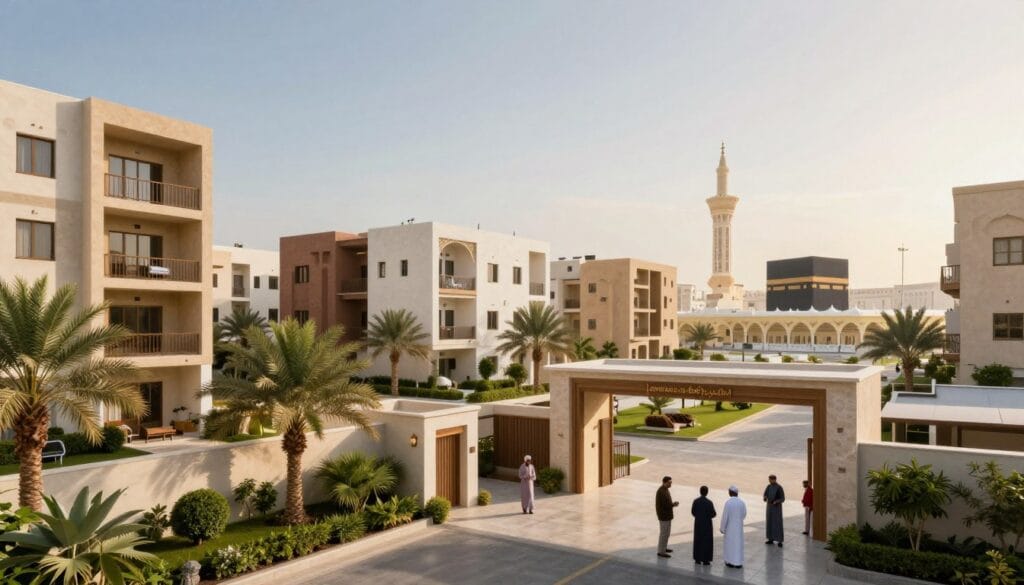 A detailed view of a modern and inviting housing area in Mecca, designed specifically for Egyptians in 2026. In the foreground, showcase a welcoming entrance of an apartment building with lush greenery and palm trees, surrounded by residents in modest casual clothing discussing their living options. The middle ground features diverse housing units, blending contemporary architecture with traditional Arabian elements. In the background, capture a distant view of the majestic Kaaba, bathed in soft sunlight, with clear skies adding to a serene atmosphere. Use a warm color palette to evoke a sense of community and harmony. The scene is viewed from a low-angle perspective, emphasizing the spaciousness and accessibility of the neighborhood. No text or watermarks. Include the brand "jawazsafary" discreetly within the architecture's design elements.