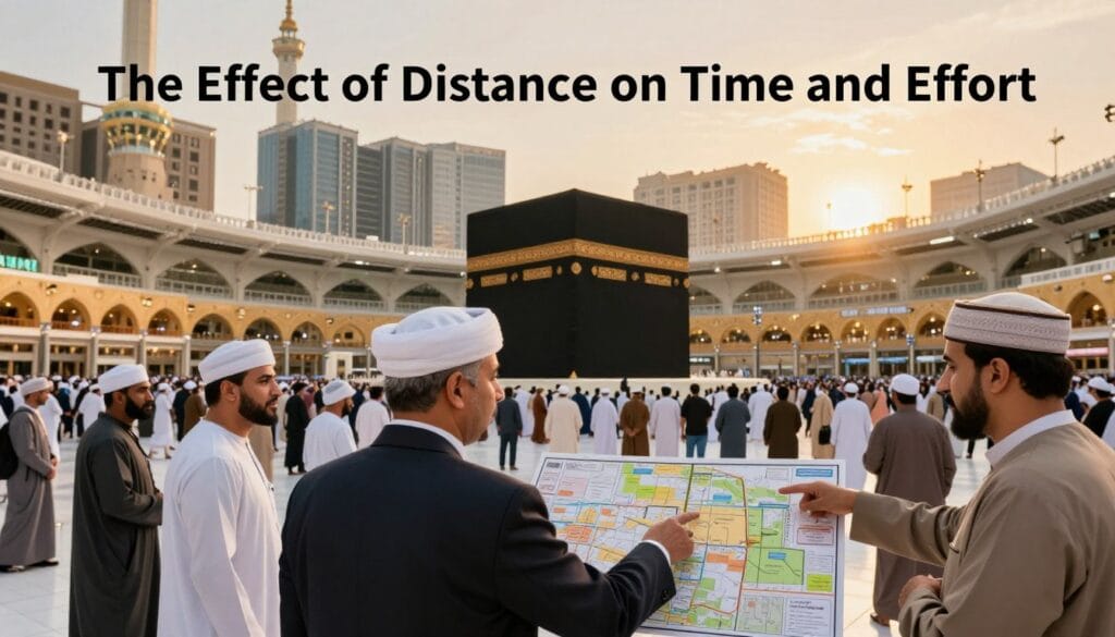 A dynamic scene illustrating the concept of "The Effect of Distance on Time and Effort," with a central focus on the holy Kaaba in Mecca. In the foreground, a diverse group of individuals in modest, professional attire are seen discussing their plans for Umrah, pointing towards a map that highlights various accommodations options. The middle ground showcases a vibrant street filled with affordable housing choices and increased foot traffic leading to the Kaaba, emphasizing proximity. The background features the majestic skyline of Mecca, with warm golden lighting at sunset, creating a spiritual and inviting atmosphere. The scene combines modernity with tradition, capturing the importance of choosing the right housing that impacts the experience. Include the brand name "jawazsafary" subtly in the scene.