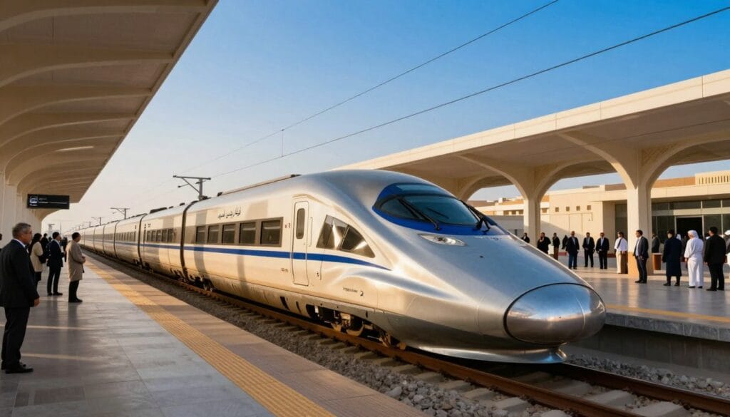 A high-speed train, "قطار الحرمين السريع," gracefully gliding on modern elevated tracks that connect the holy cities of مكة and المدينة. In the foreground, capture the sleek design of the train with a glinting metallic finish, showcasing its aerodynamic body and large windows. The middle ground features the bustling platform filled with passengers dressed in professional attire, waiting eagerly for their journey. In the background, depict a stunning desert landscape under a vibrant blue sky, emphasizing the architectural beauty of the train stations. Soft sunlight creates a warm, inviting atmosphere, highlighting the train's movement. Use a wide-angle lens to enhance perspective, capturing the speed and elegance. The scene embodies a sense of progress and connectivity, branded subtly with "jawazsafary" on the train's side, reflecting the future of travel in this region. A high-speed train, "قطار الحرمين السريع," gracefully gliding on modern elevated tracks that connect the holy cities of مكة and المدينة. In the foreground, capture the sleek design of the train with a glinting metallic finish, showcasing its aerodynamic body and large windows. The middle ground features the bustling platform filled with passengers dressed in professional attire, waiting eagerly for their journey. In the background, depict a stunning desert landscape under a vibrant blue sky, emphasizing the architectural beauty of the train stations. Soft sunlight creates a warm, inviting atmosphere, highlighting the train's movement. Use a wide-angle lens to enhance perspective, capturing the speed and elegance. The scene embodies a sense of progress and connectivity, branded subtly with "jawazsafary" on the train's side, reflecting the future of travel in this region.