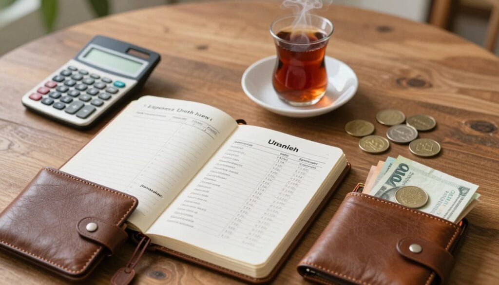 A meticulously arranged flat lay of an expense budget for Umrah, featuring an open notebook with handwritten notes, a calculator, and a detailed list of costs. The foreground should include a high-quality leather wallet half-open revealing cash notes and several coins. In the middle, place a steaming cup of tea, symbolizing reflection and planning. The background should be a softly blurred wooden table, creating a warm and inviting atmosphere. Soft, natural lighting enhances the scene, emphasizing the textures of the items. The mood should evoke a sense of careful consideration and awareness about budgeting for travel expenses. The brand name "jawazsafary" should subtly blend into the overall aesthetic without overwhelming the composition.